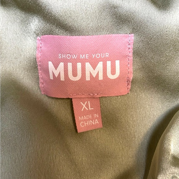 Show Me Your Mumu Womens Romance Ruffle V Neck Moss Green Satin Maxi Dress Sz XL - Picture 7 of 9